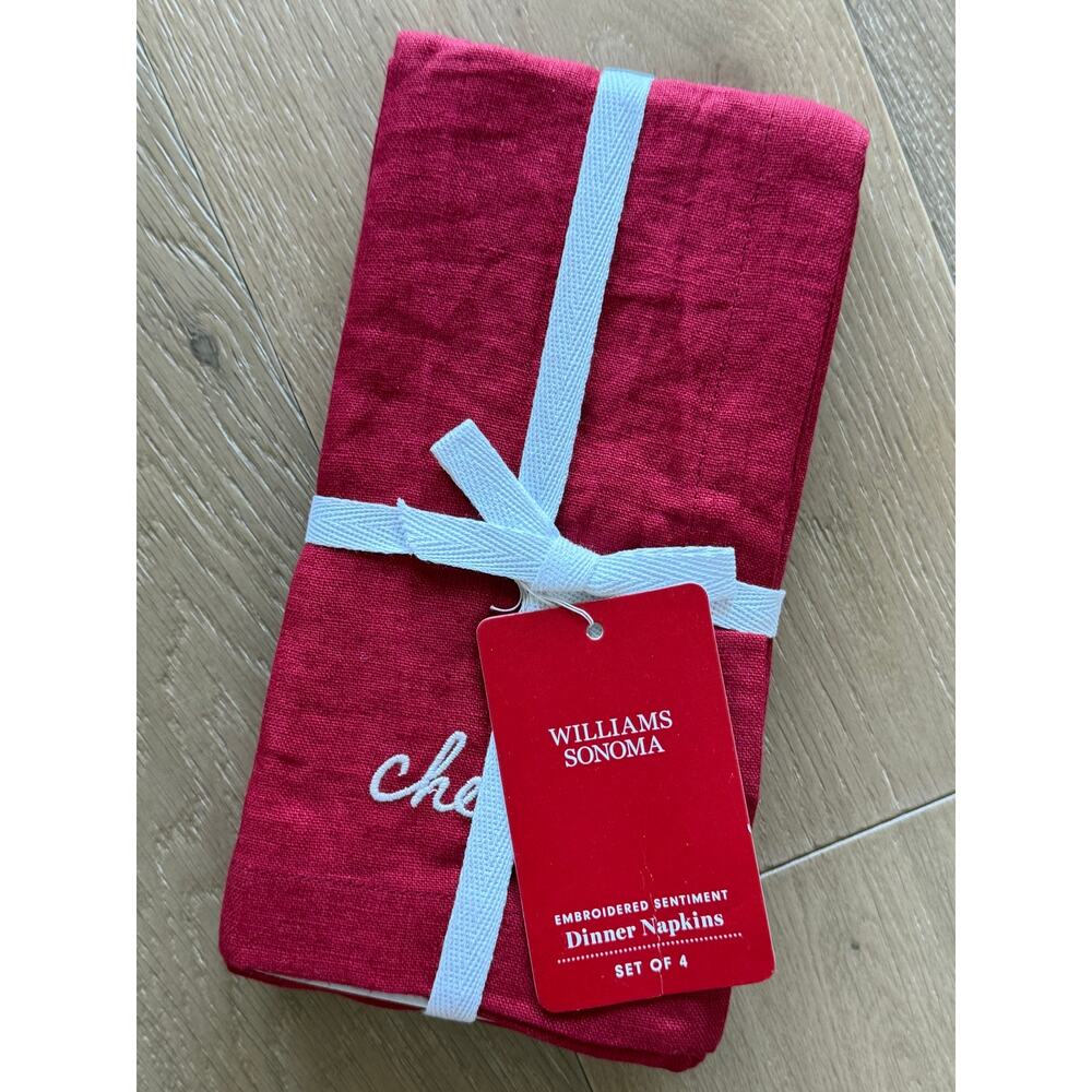 New Williams Sonoma Embroidered Sentiment Dinner Napkins Set 4 Red